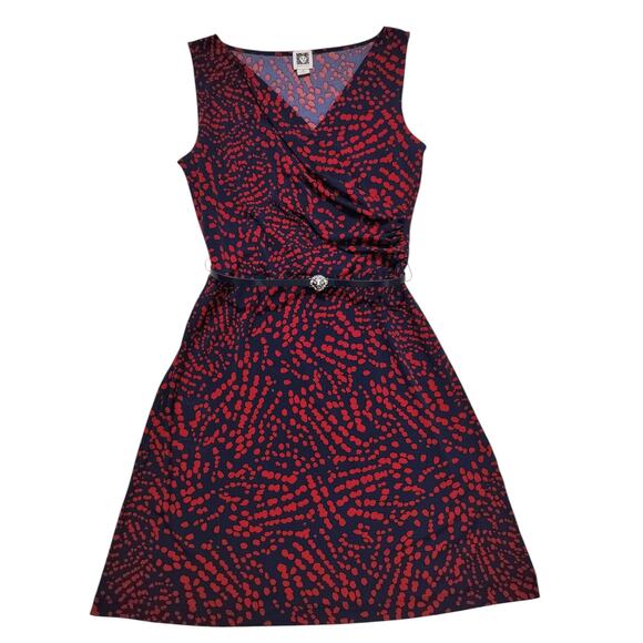 Anne Klein Dresses & Skirts - Anne Klein women blue red casual sleeveles stretch belted faux wrap dress size S